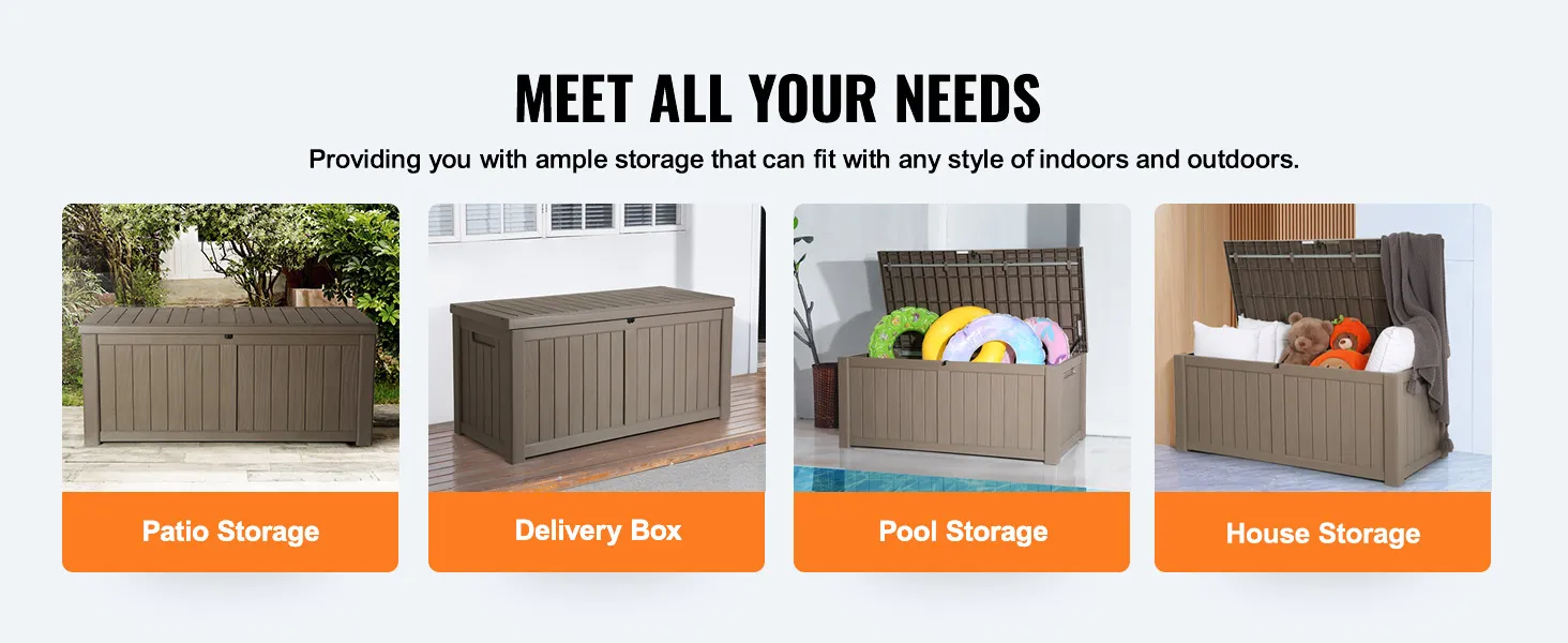 VEVOR deck box: patio, delivery, pool, and house storage options for versatile outdoor and indoor use.