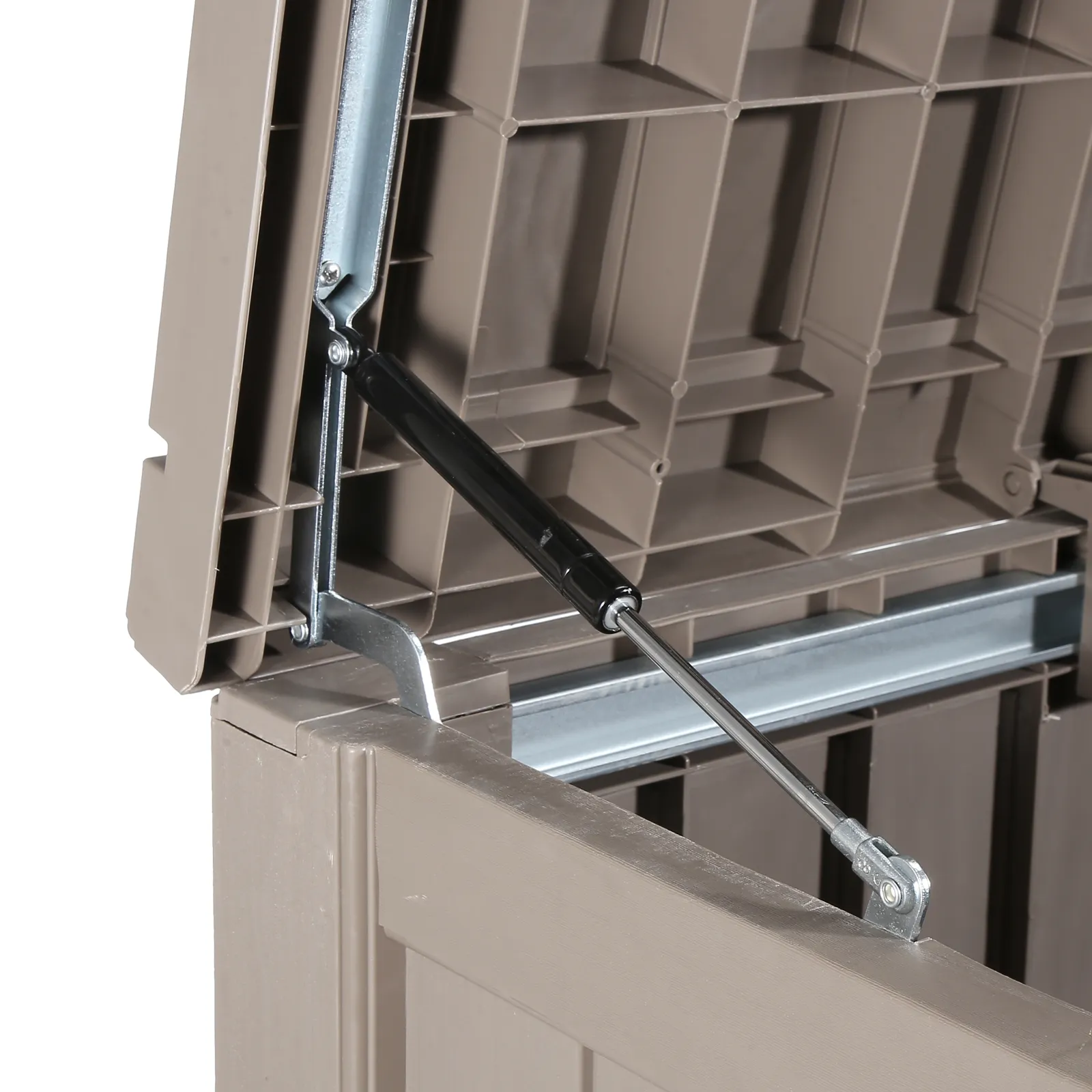 VEVOR deck box with sturdy hydraulic lift mechanism and durable beige lid.