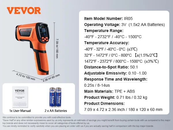 Oranje en zwarte VEVOR infraroodthermometer, model ir05, met afmetingen, specificaties, AA-batterijen en gebruikershandleiding.