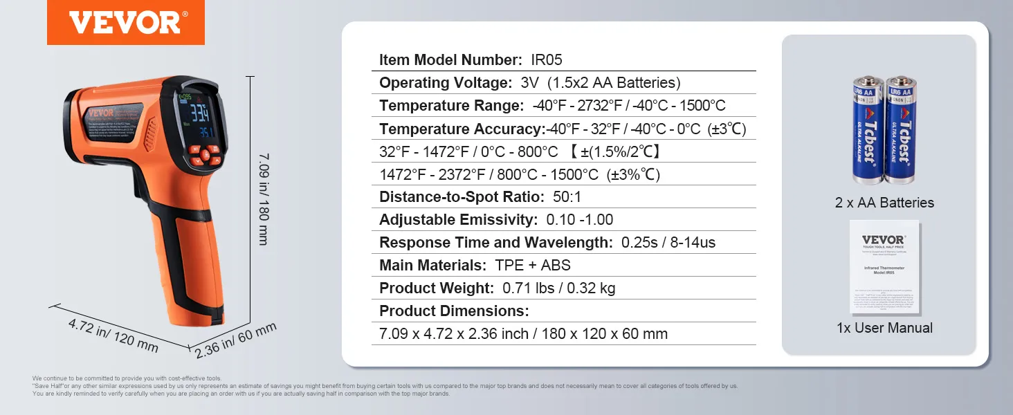 Oranje en zwarte VEVOR infraroodthermometer, model ir05, met afmetingen, specificaties, AA-batterijen en gebruikershandleiding.