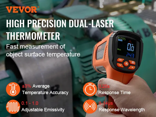 VEVOR infraroodthermometer: hoge precisie, dubbele laser, snelle respons, instelbare emissiviteit.