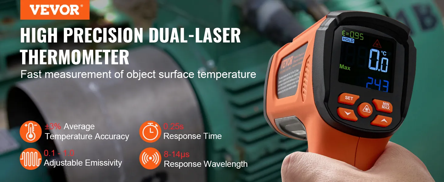 VEVOR infraroodthermometer: hoge precisie, dubbele laser, snelle respons, instelbare emissiviteit.