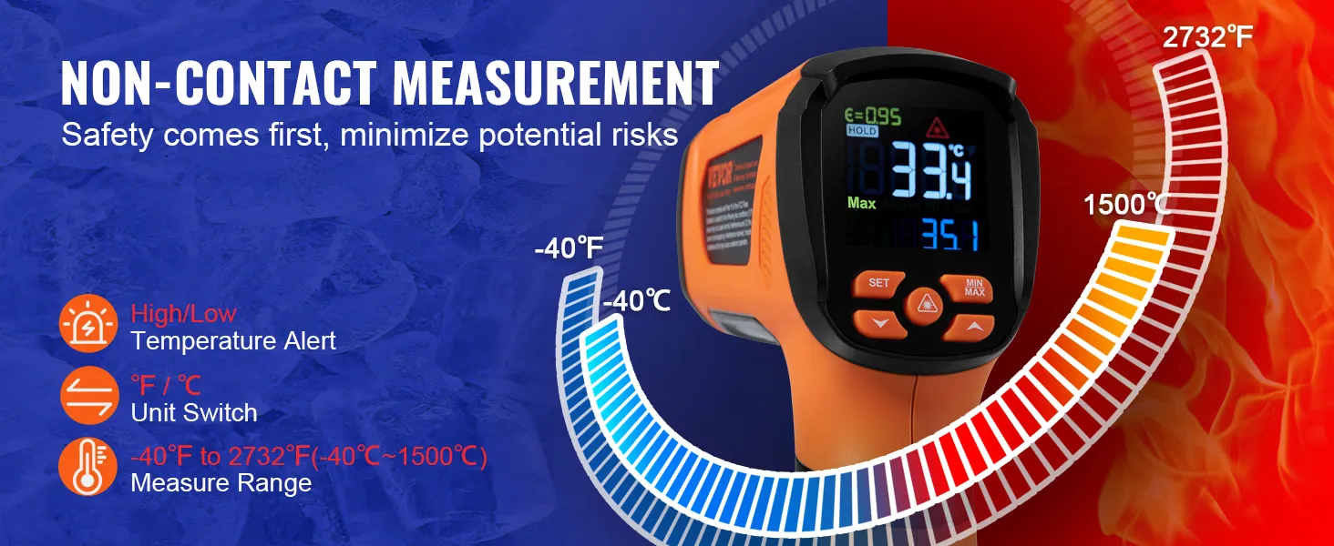 VEVOR infraroodthermometer met contactloze meting, waarschuwingen voor hoge/lage temperaturen en een bereik van -40°F tot 2732°F.