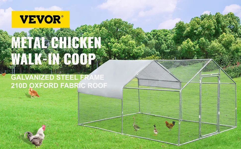 VEVOR metal chicken coop with galvanized steel frame and 210d oxford fabric roof.