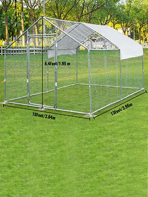 VEVOR metal chicken coop, large enclosure with white canopy in green yard.