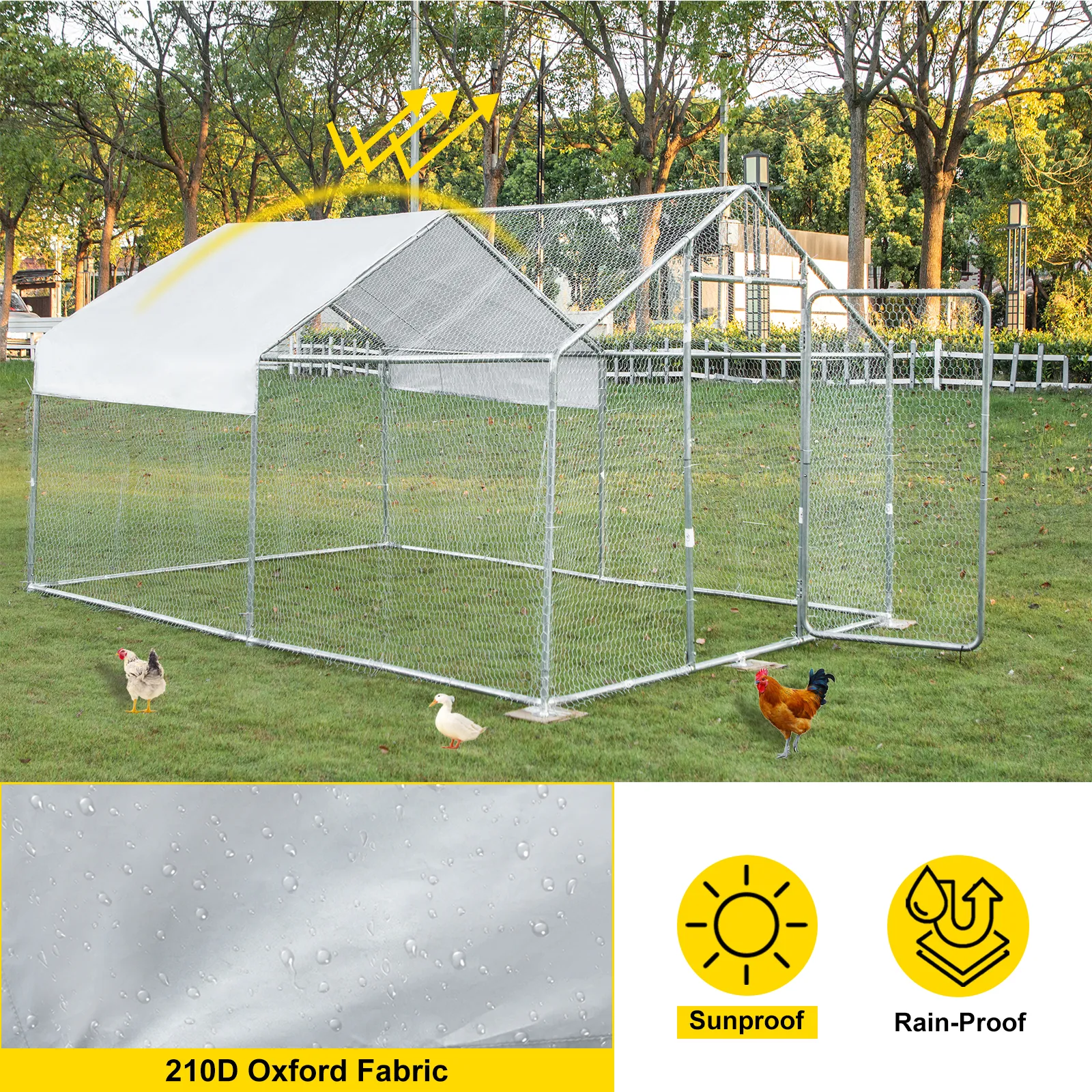 VEVOR metal chicken coop with 210d oxford fabric, sunproof and rain-proof, in a green yard.