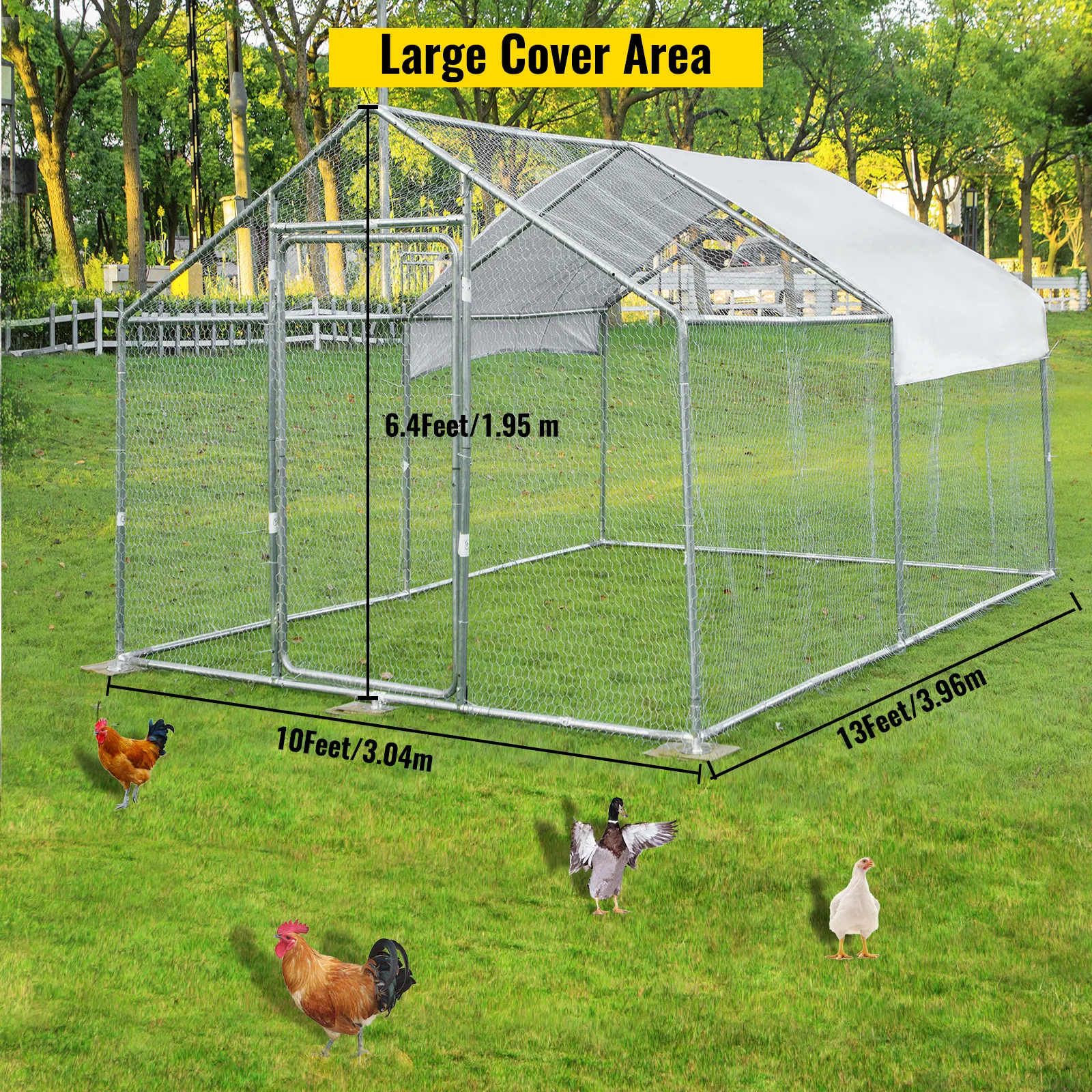 VEVOR metal chicken coop with 6.4ft height, large cover area, and chickens on grass.