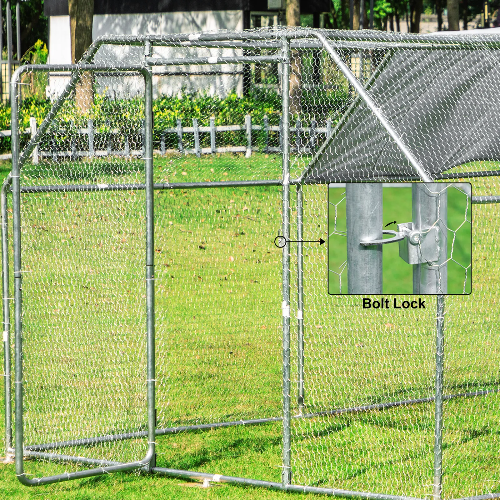 VEVOR metal chicken coop with bolt lock in grassy outdoor setting.