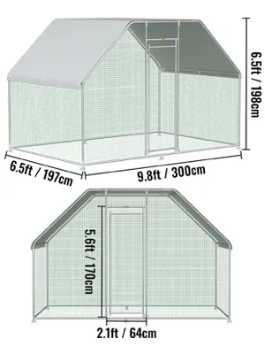 VEVOR large metal chicken coop with a roof, door, and detailed dimensions.