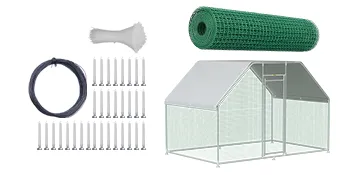 VEVOR large metal chicken coop with wire mesh, stakes, and green netting roll.