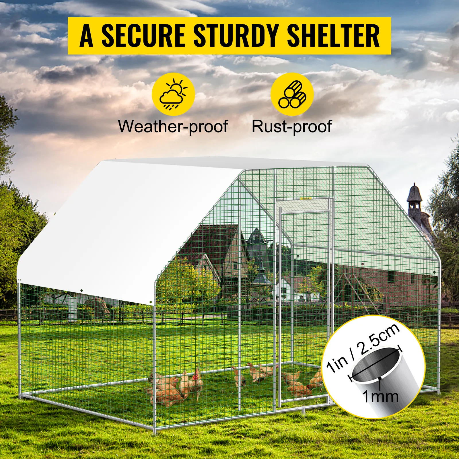 VEVOR large metal chicken coop, weather-proof and rust-proof, in a backyard setting.