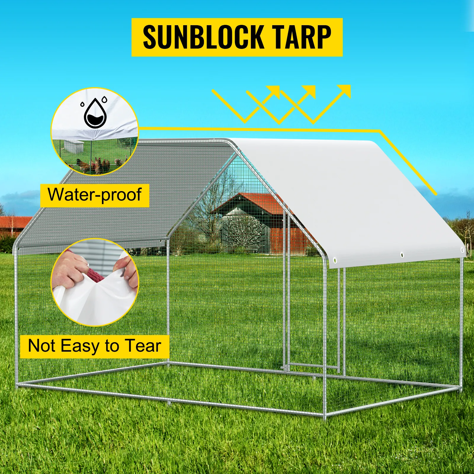 VEVOR large metal chicken coop with sunblock tarp, waterproof, and tear-resistant.
