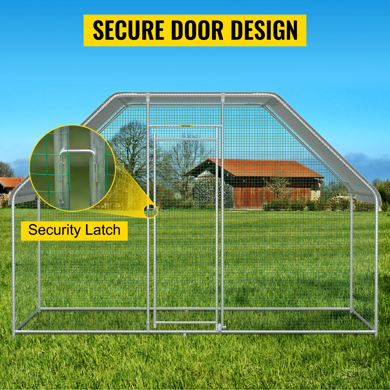 VEVOR large metal chicken coop with secure door and latch in a grassy field.