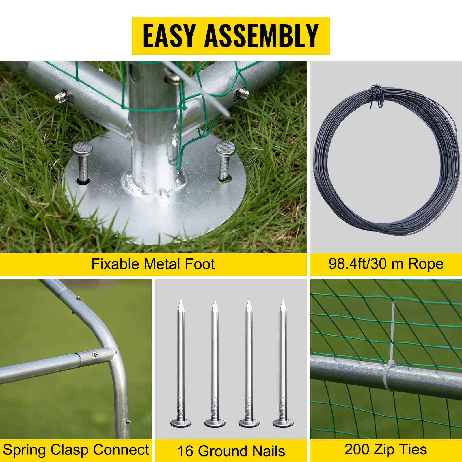 easy assembly VEVOR large metal chicken coop with fixable foot, rope, nails, and zip ties.