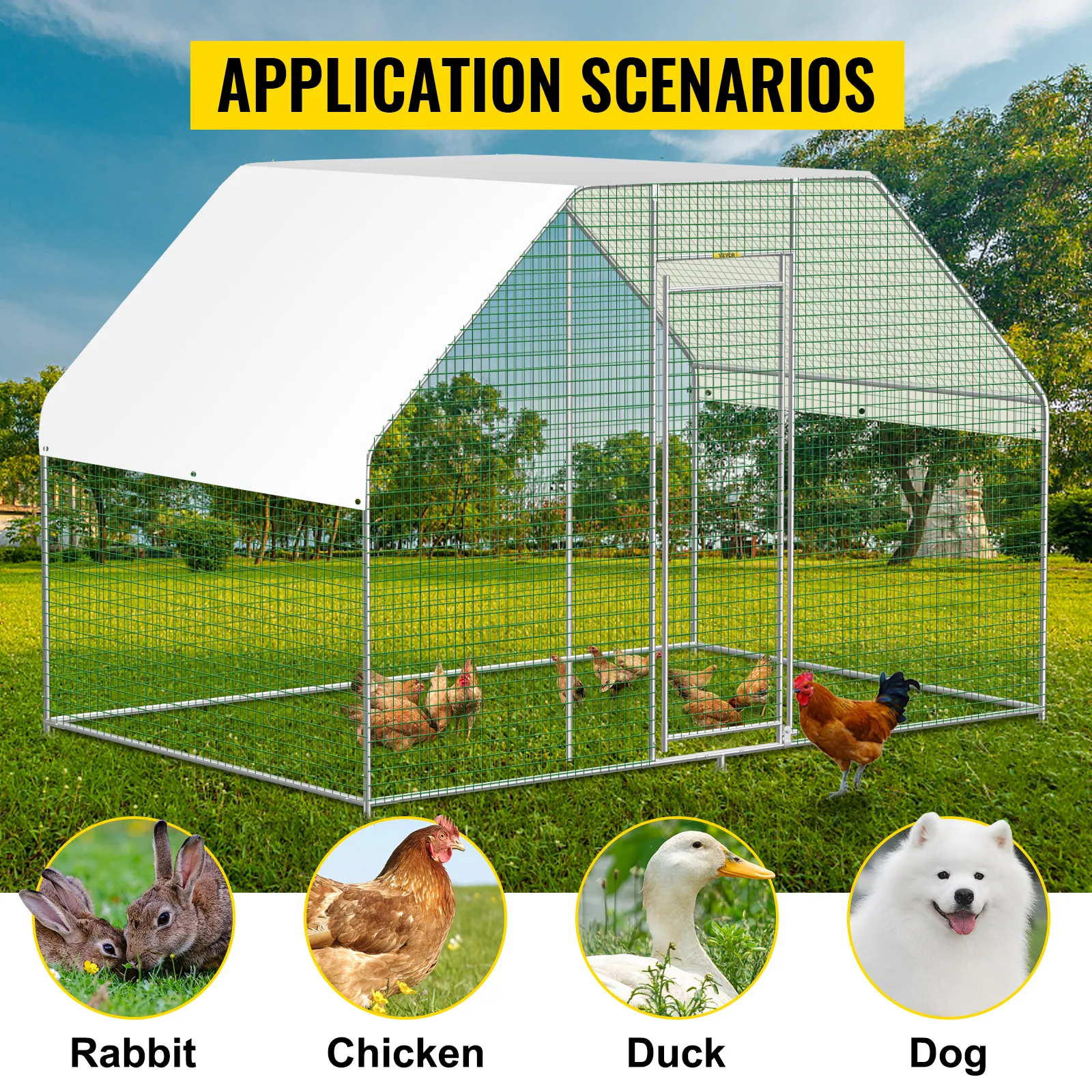 VEVOR large metal chicken coop with mesh fencing and shelter, suitable for various animals.