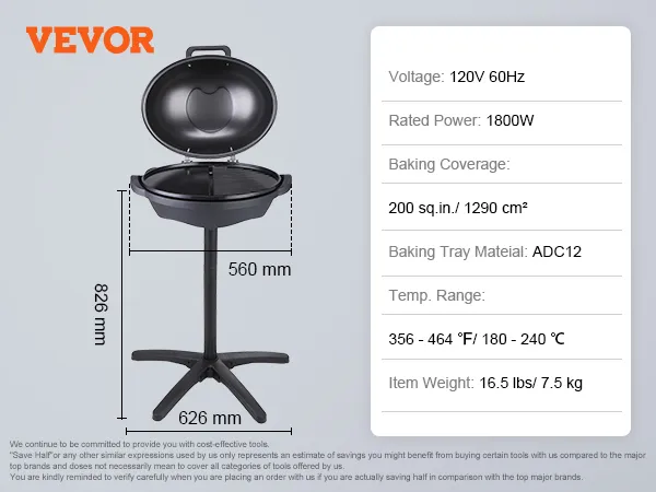 Parrilla eléctrica VEVOR con bandeja para hornear de 18,3 pulgadas, altura de 826 mm, 120 V, cobertura de 200 pulgadas cuadradas.