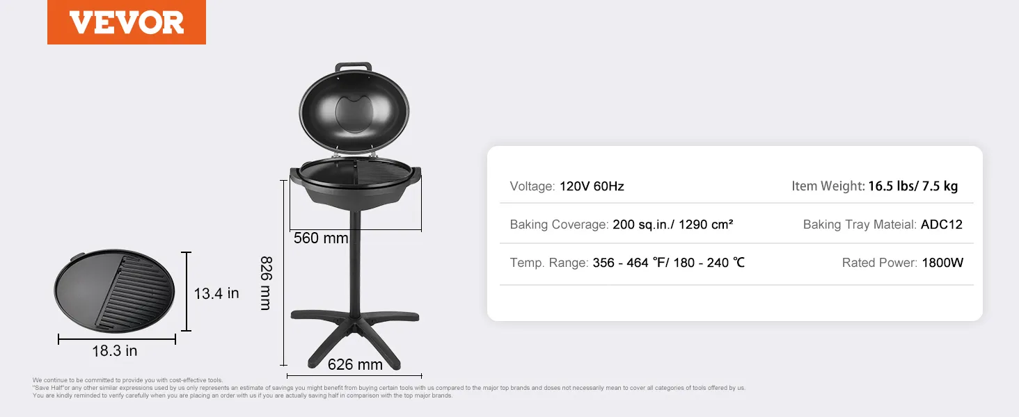 Parrilla eléctrica VEVOR con bandeja para hornear de 18,3 pulgadas, altura de 826 mm, 120 V, cobertura de 200 pulgadas cuadradas.