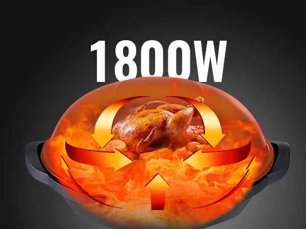 Parrilla eléctrica VEVOR que muestra 1800w de potencia con un pollo asado en su interior rodeado de llamas.