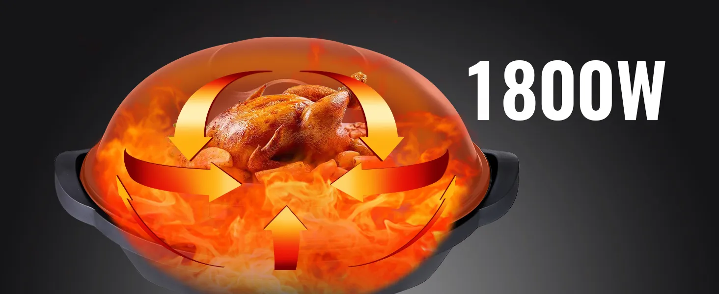 Parrilla eléctrica VEVOR que muestra 1800w de potencia con un pollo asado en su interior rodeado de llamas.