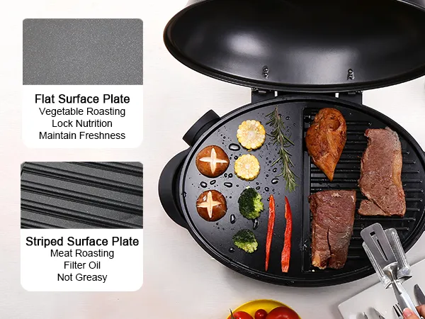 Parrilla eléctrica VEVOR con placas planas y rayadas para asar verduras y carne, mostrada con alimentos a la parrilla.