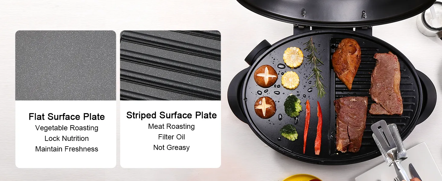 Parrilla eléctrica VEVOR con placas planas y rayadas para asar verduras y carne, mostrada con alimentos a la parrilla.
