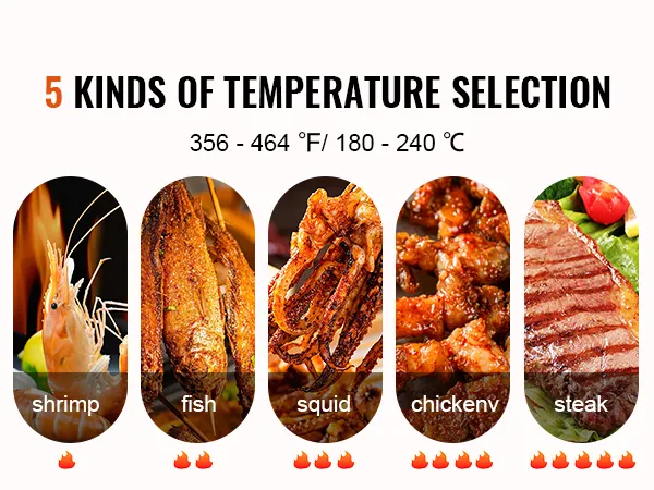 Parrilla eléctrica VEVOR con configuraciones ajustables para camarones, pescado, calamares, pollo y filetes.