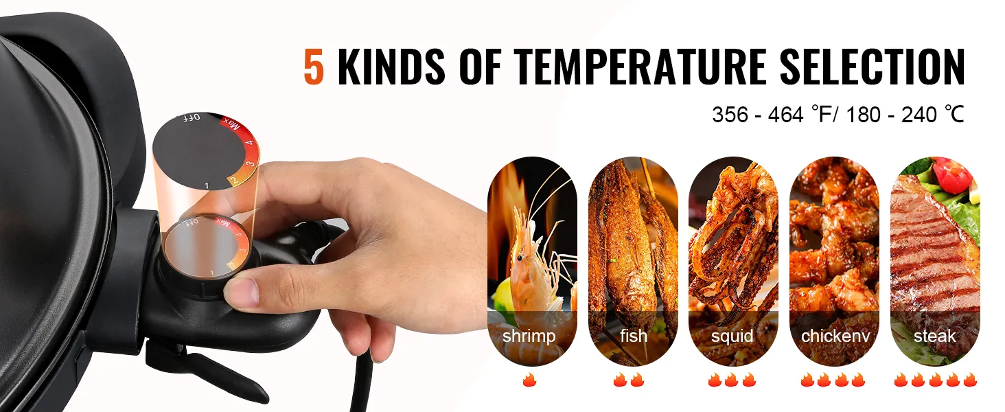 Parrilla eléctrica VEVOR con configuraciones ajustables para camarones, pescado, calamares, pollo y filetes.