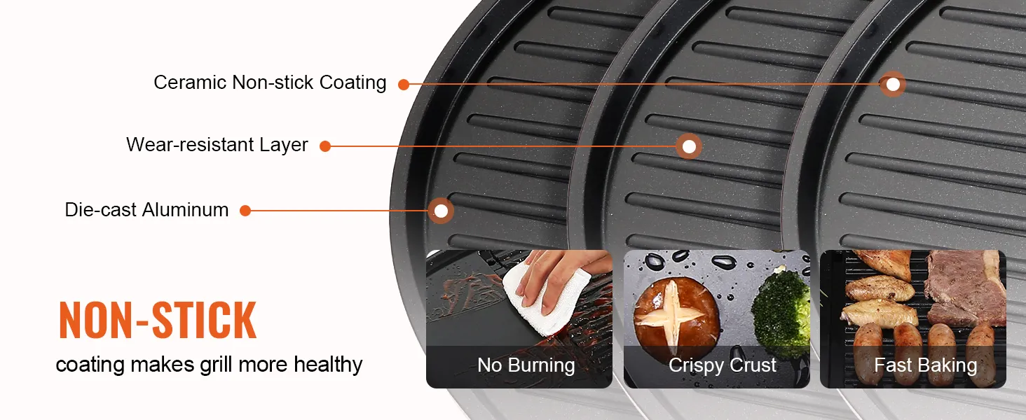 Parrilla eléctrica VEVOR que muestra revestimiento cerámico antiadherente, capa resistente al desgaste y aluminio fundido a presión.