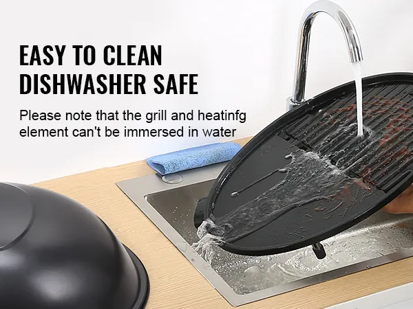 Parrilla eléctrica VEVOR lavándose debajo de un fregadero con el texto "fácil de limpiar, apta para lavavajillas".