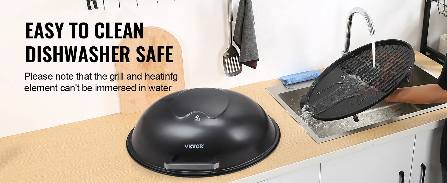 Parrilla eléctrica VEVOR lavándose debajo de un fregadero con el texto "fácil de limpiar, apta para lavavajillas".