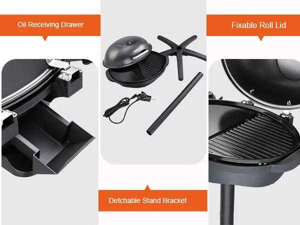 Parrilla eléctrica VEVOR con cajón receptor de aceite, soporte desmontable y tapa enrollable fijable.