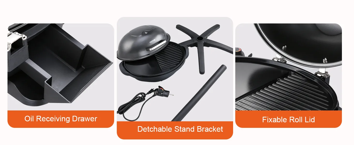 Parrilla eléctrica VEVOR con cajón receptor de aceite, soporte desmontable y tapa enrollable fijable.