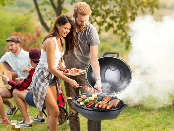 Grupo disfrutando de una barbacoa con parrilla eléctrica VEVOR al aire libre, cocinando carnes y verduras variadas.