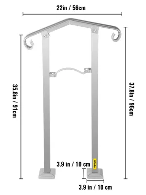 VEVOR outdoor stair railing with dimensions: 22in wide, 35.8in and 37.8in height.