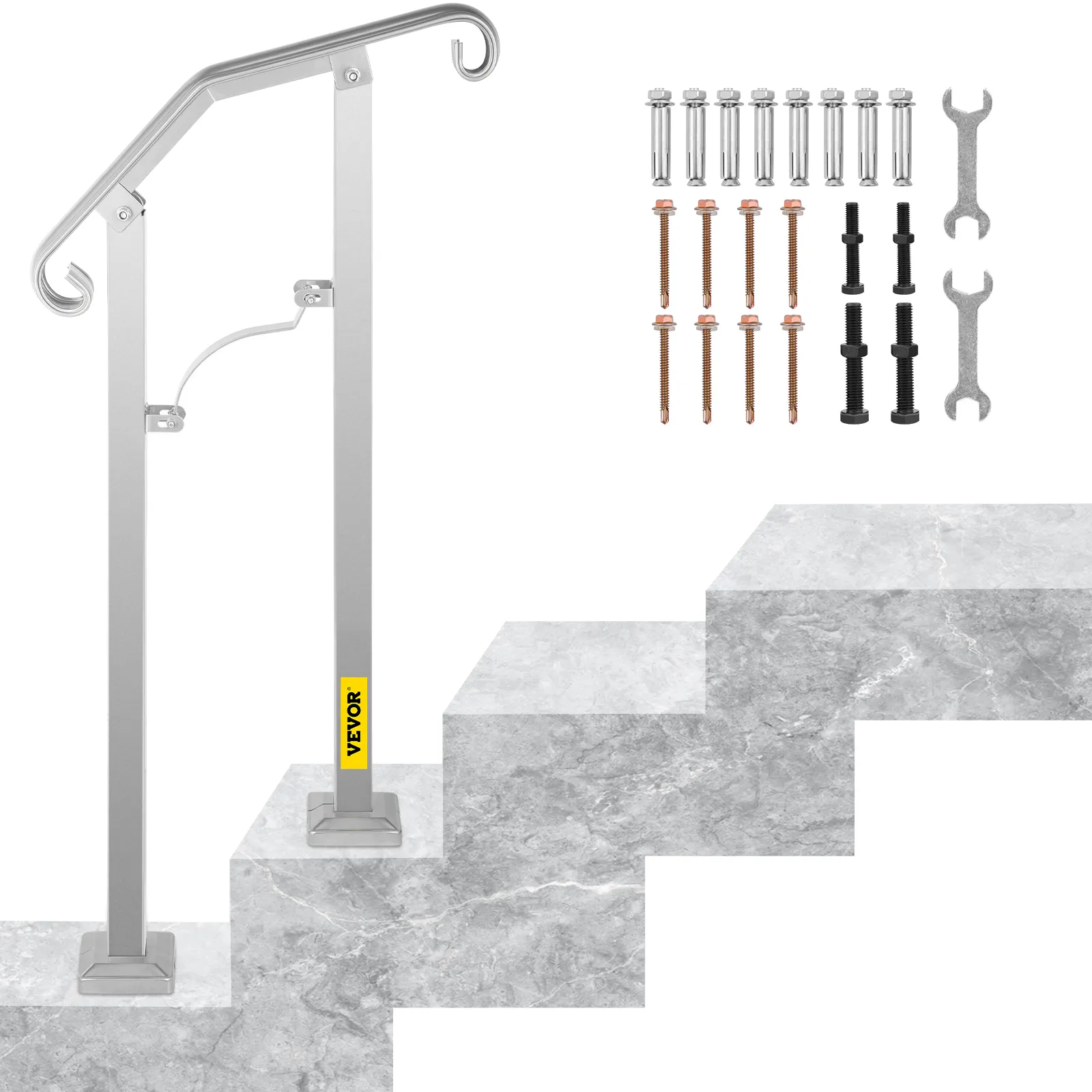 VEVOR outdoor stair railing with installation tools and concrete steps.