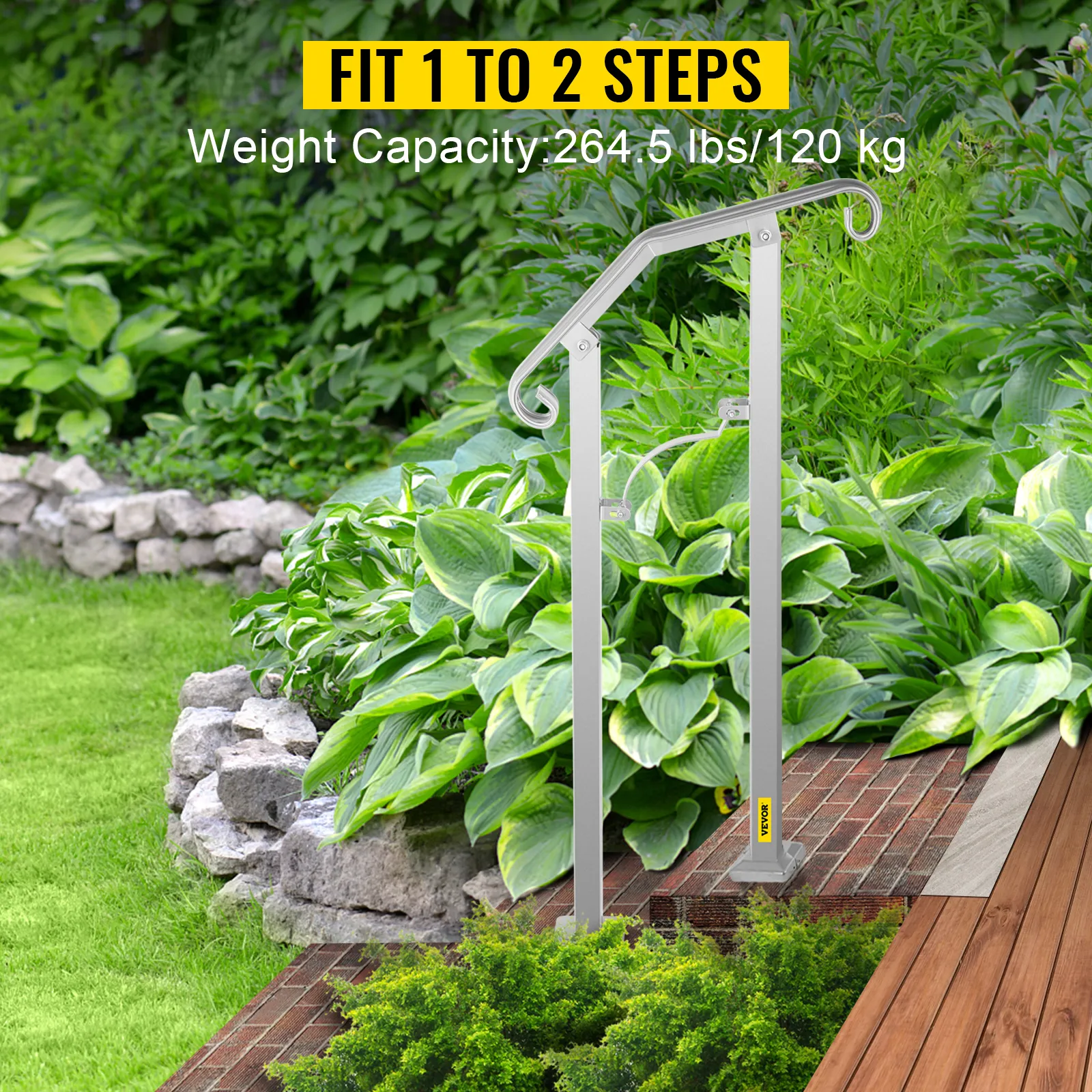 VEVOR outdoor stair railing for 1-2 steps, surrounded by lush greenery and brick pathway.
