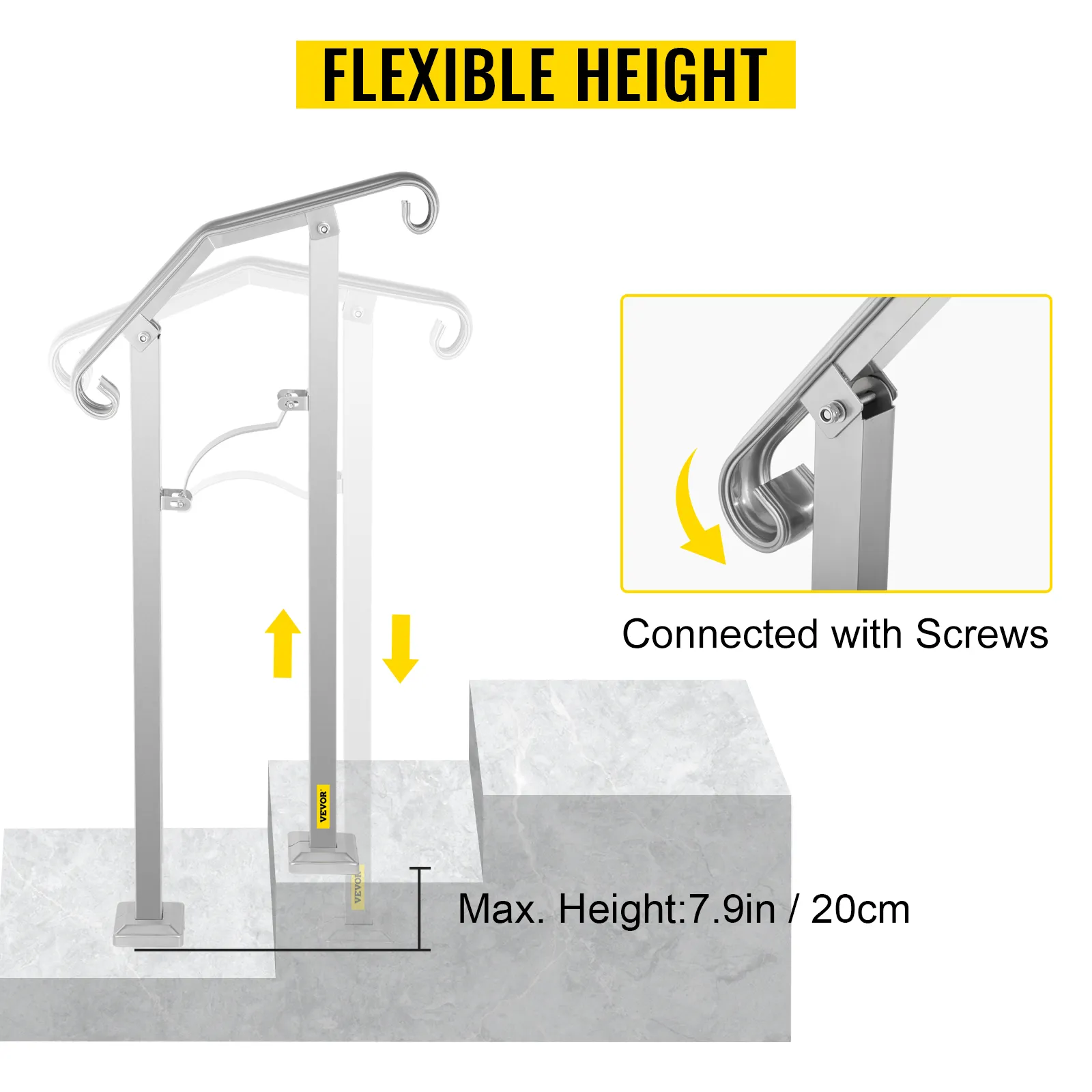 VEVOR outdoor stair railing with flexible height adjustment up to 7.9 inches.