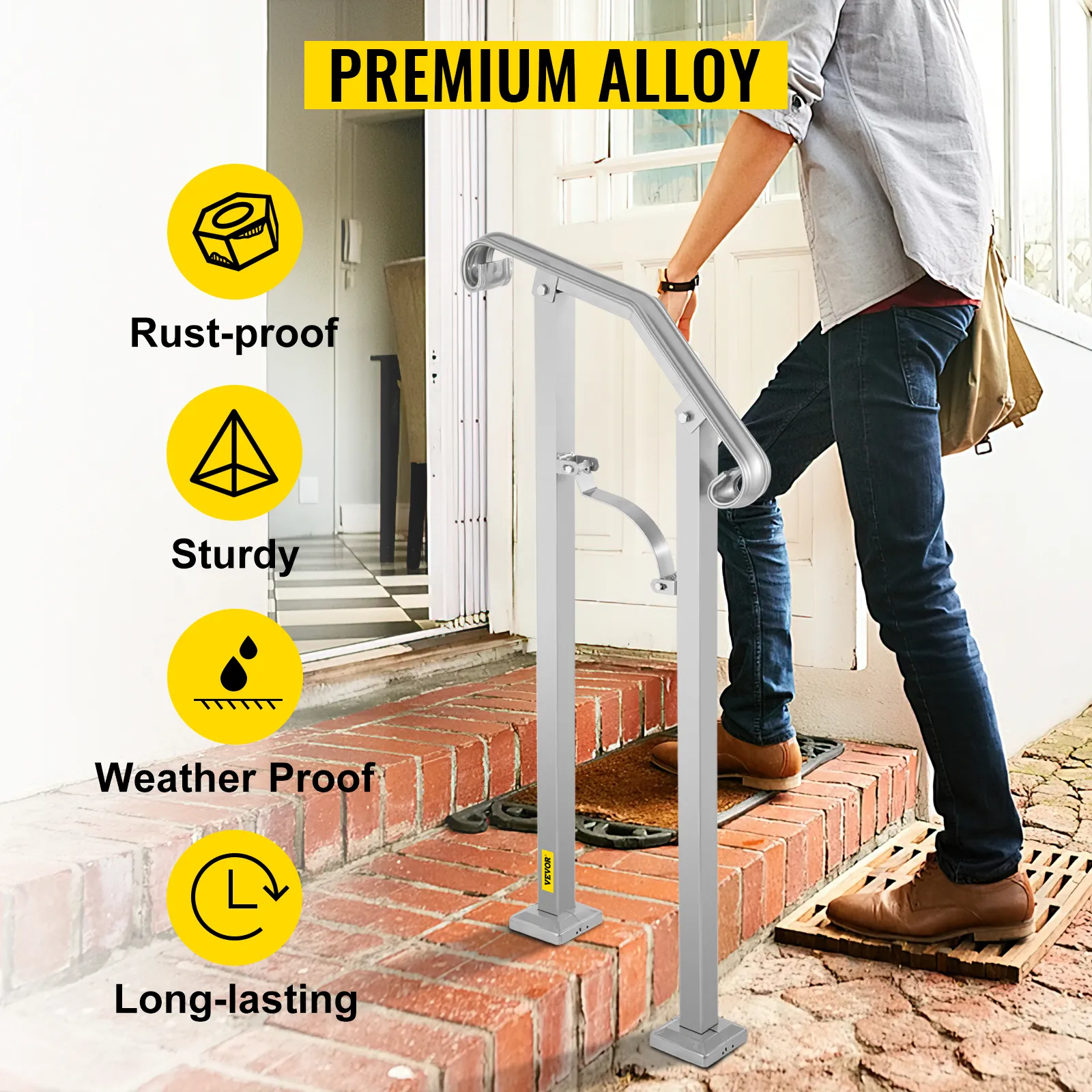 VEVOR outdoor stair railing with premium alloy, rust-proof, sturdy, weather-proof, long-lasting.
