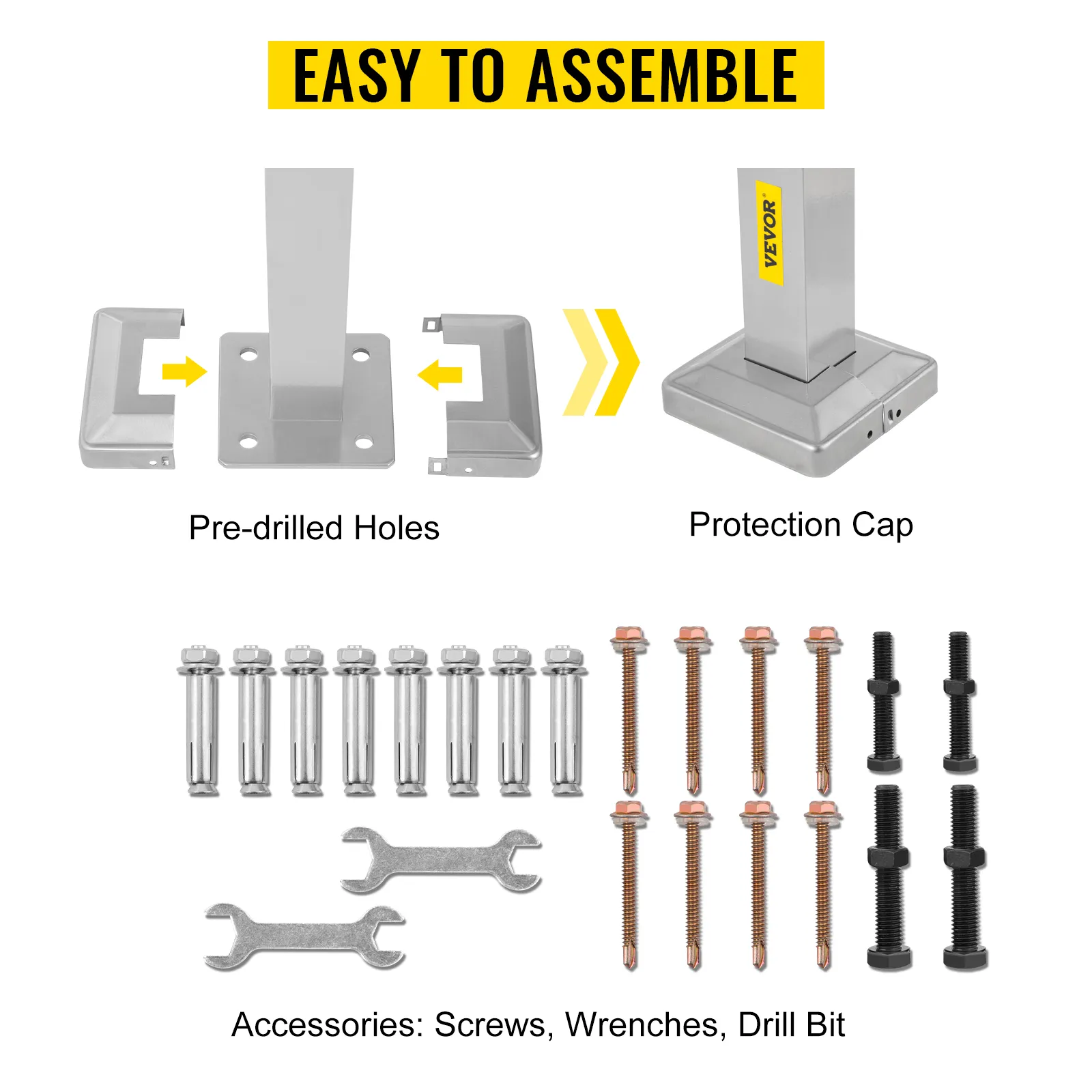 VEVOR outdoor stair railing assembly parts: bolts, screws, wrenches, pre-drilled holes.