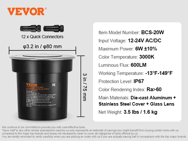 Luces de paisaje de bajo voltaje VEVOR bcs-20w, 12-24v ac/dc, ip67, 3000k, 600lm, aluminio fundido a presión