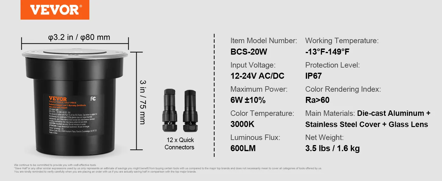 Luces de paisaje de bajo voltaje VEVOR bcs-20w, 12-24v ac/dc, ip67, 3000k, 600lm, aluminio fundido a presión