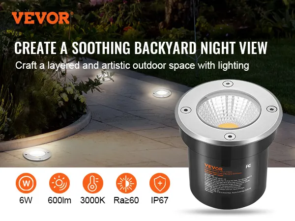 Las luces de paisaje de bajo voltaje VEVOR iluminan un camino de jardín, mostrando sus características de 6w, 600lm, ip67.