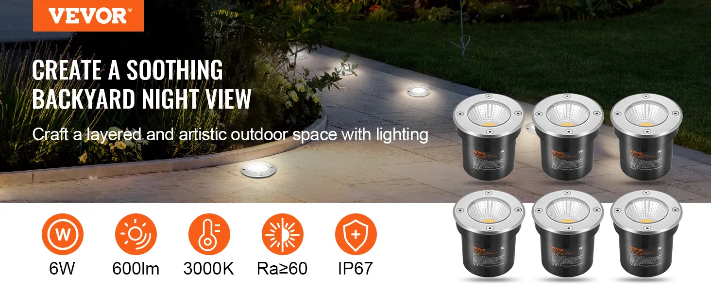 Las luces de paisaje de bajo voltaje VEVOR iluminan un camino de jardín, mostrando sus características de 6w, 600lm, ip67.