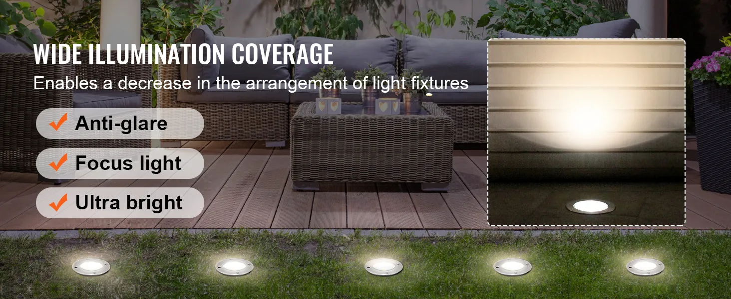 Amplia cobertura de iluminación con luces de paisaje de bajo voltaje VEVOR que muestran características antideslumbrantes, de luz enfocada y ultrabrillantes.