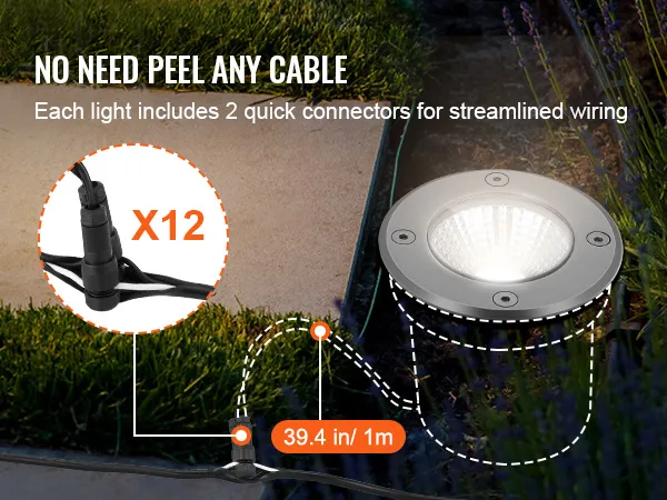 Luces de paisaje de bajo voltaje VEVOR, fácil instalación con conectores rápidos, cableado de 39,4 pulgadas, juego de 12.