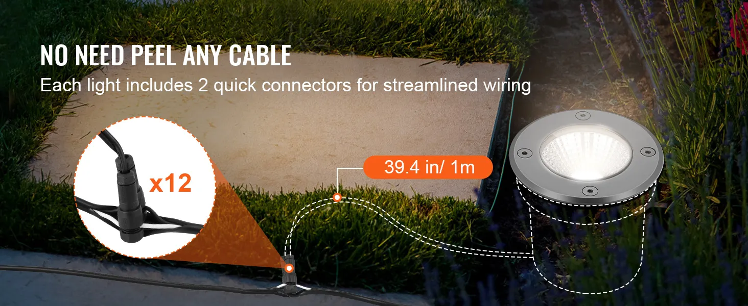 Luces de paisaje de bajo voltaje VEVOR, fácil instalación con conectores rápidos, cableado de 39,4 pulgadas, juego de 12.