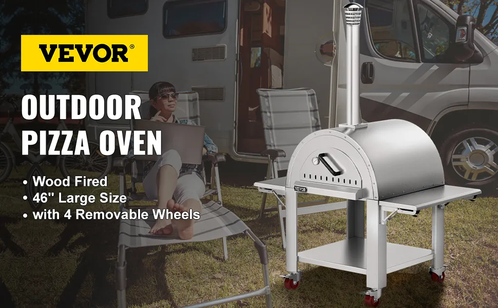 VEVOR pizza oven wood fired, 46" large size, with 4 removable wheels, shown outdoors beside a camper.