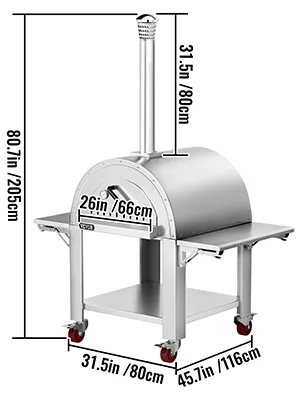 VEVOR pizza oven with chimney, 26-inch cooking surface, and four wheels for mobility.