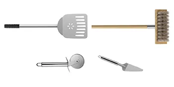 VEVOR pizza oven tools set with peel, brush, cutter, and serving spatula.