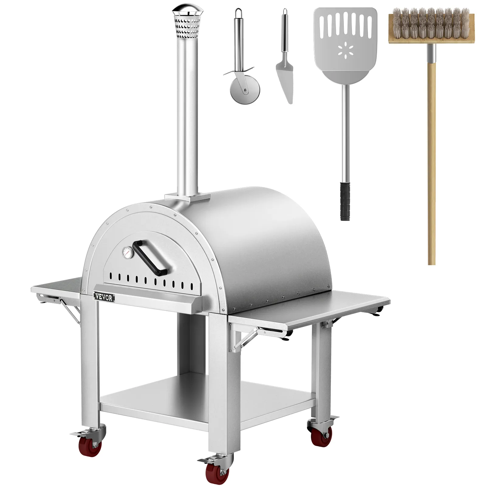 VEVOR pizza oven on metal cart with chimney, pizza cutter, spatula, peel, and brush accessories.